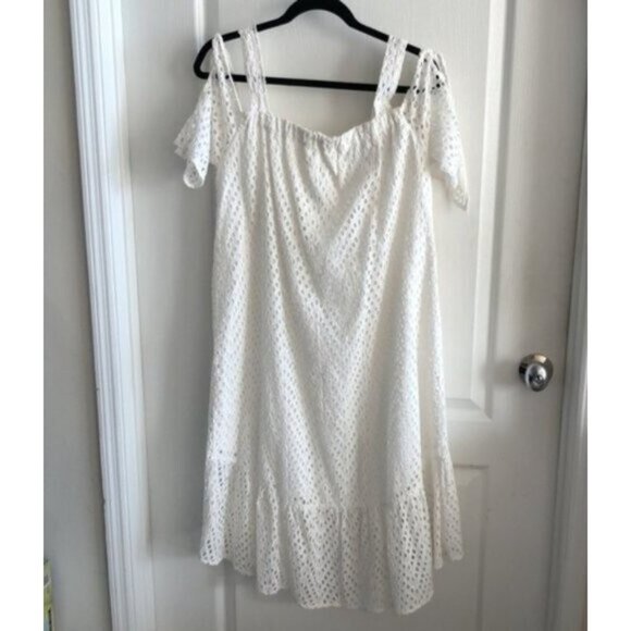 Hagel Eyelet Cold-Shoulder Swing Dress White Sz.10 - Picture 9 of 16